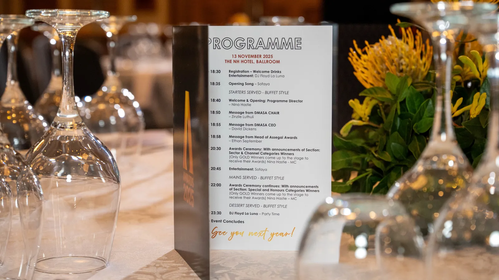 Assegai Awards Evening 2025 programme card on a dinner table